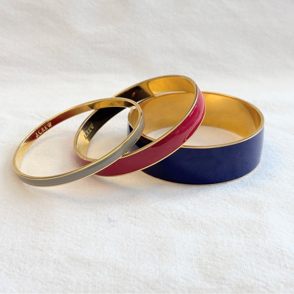 Vintage J Crew Bangle Bracelet Lot of 3 Gold Tone Blue, Pink, Gray/Taupe